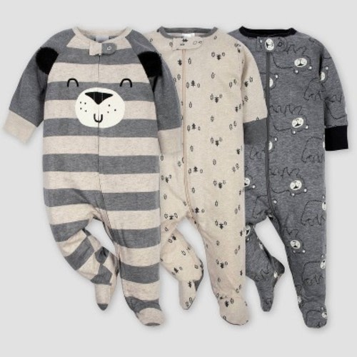 Gerber Baby Boys' 3pk Bear Sleep N' Play Pajamas - Gray/Light Brown, Size: 0-3M