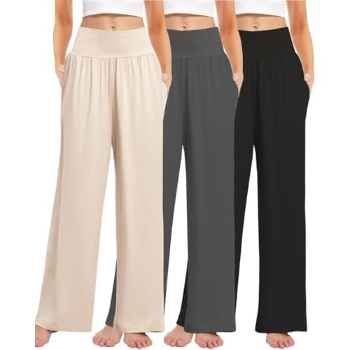 3PACK Women's Casual Loose Wide Leg Cozy Pants Yoga High Waisted Sweatpants Comfy Lounge Pants with Pants with Pockets