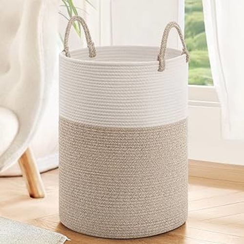 INDRESSME Large Laundry Hamper, Baby Laundry Hamper for Toys, Tall Woven Laundry Basket for Clothes, Blanket Storage Basket for Living Room, 19.7 x 13.8 inches, Light & Brown