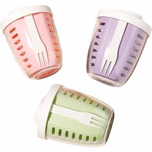 Fruit Salad Storage Cup With Lids and Fork, 20 Oz Plastic Airtight Fruit Storage Containers for fridge with BPA-Free, Leak-Proof, Reusable for Office,Party,Travel. (green+pink+purple)