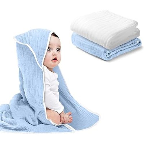 Baby Hooded Towels for Babies and Toddlers, Muslin Baby Bath Towel Soft and Absorbency for Boys (Blue.White 2)