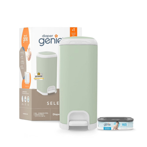 Diaper Genie Select Pail (Green) is Made of Durable Stainless Steel and Includes 1 Starter Square Refill That can Hold up to 165 Newborn-Sized Diapers.
