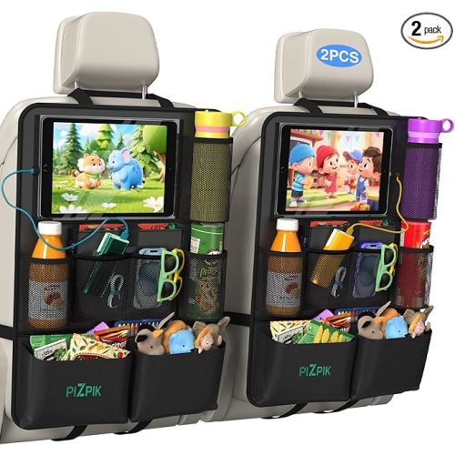 Car Backseat Organizer with Tablet Holder,11 Storage Pockets with Foldable Food Tray, Protector Kick Mats for Kids, Travel Accessories Organizer (Black, 2-Pack)