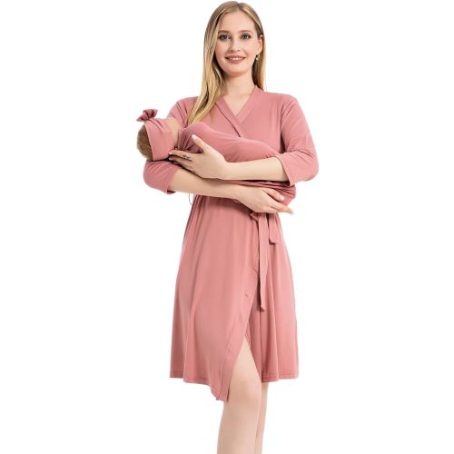 Galabloomer Maternity Robe and Baby Receiving Blanket, Matching Mommy Labor Delivery Robe and Swaddle Set Little Red Heart - Medium - Dusty Rose