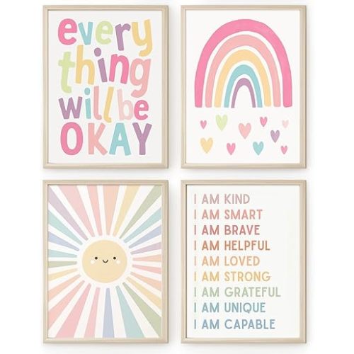 4Pcs Nursery Rainbow Canvas Wall Art pink Affirmations Girls Bedroom wall decor Kids Heart Picture Posters Colorful Boho Sun Nursery canvas painting Prints for Classroom School Nursery Decoration (10L''x8W''poster)