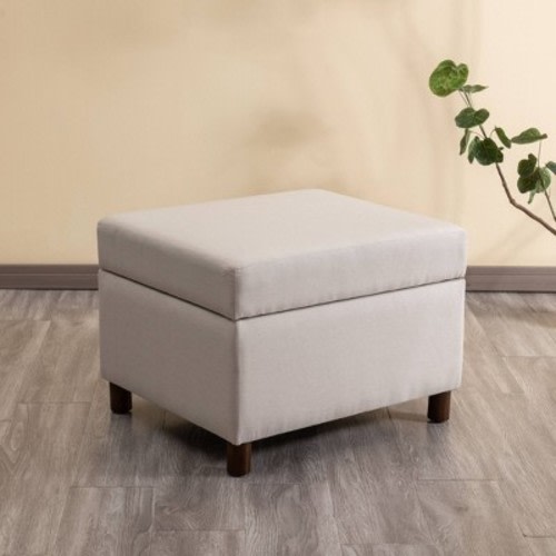 25" Wide Rectangle Storage Ottoman with Wood Legs and Hinged Lid - WOVENBYRD, Color: Light Tan
