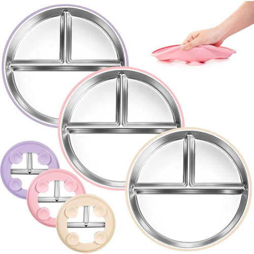 Stainless steel, silicone stainless steel children's food tray, baby suction cup, toddler food tray, non-toxic, divider, food grade silicone baby food tray, dishwasher safe, 3 pack,