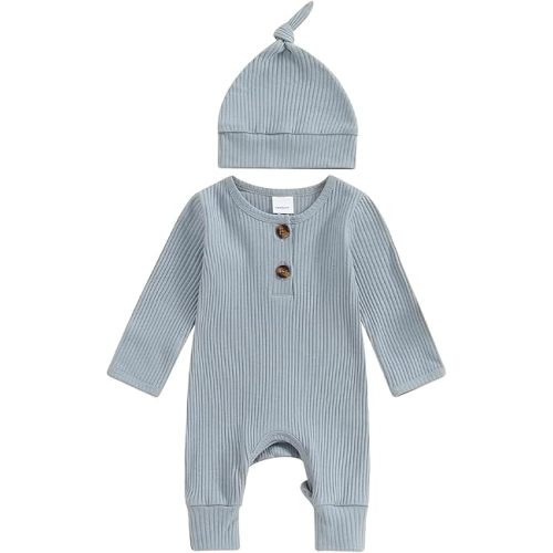 Newborn Baby Boy Girl Clothes Infant Ribbed Romper Solid Long Sleeve Knit Bodysuit Jumpsuit Hat Coming Home Outfit
