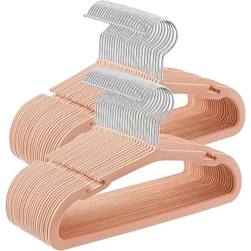 SONGMICS Baby Hangers 50 Pack, 11 x 6.9 Inches, Kids Hangers for Closet, Non-Slip Velvet Hangers, Childrens Hangers, Space-Saving Clothes Hangers, Wide Shoulder Notches, Coral Pink UCRF037R01