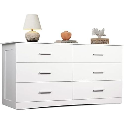 WLIVE Wood Dresser for Bedroom, Wide Chest of Drawers with 6 Drawers, Large White Storage Tower Unit, Modern Minimalist Closet Store Organizer for Living Room, Hallway