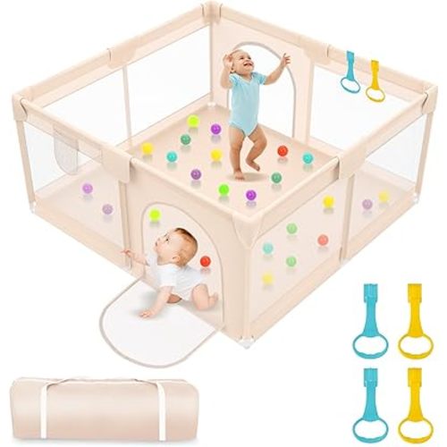 Playpen for Babies and Toddlers 50x50 inch - Extra Large Baby Gate Playpen with Soft Breathable Mesh Cover - Indoor and Outdoor Baby Playpen - Portable Playpen for Babies (Apricot)