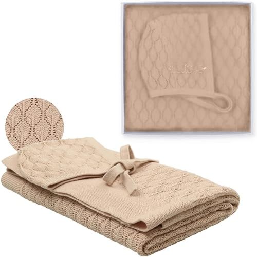 peluche Pointelle Knit Baby Blanket with Bonnet - Tastefully Luxurious Cuddle & Swaddle - Unisex Newborn Blanket - Knitted Baby Blankets for Boys and Girls, Baby Swaddles 0-3 Months (Tan, 29" x 36")