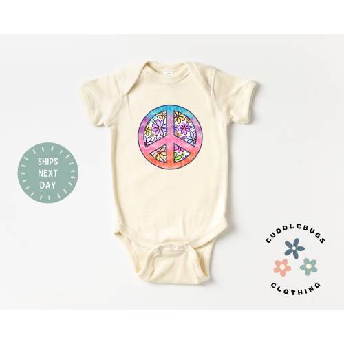Peace Sign Baby Onesies® Bodysuit - Retro Boho Hippie Peace Sign Baby Bodysuit - Cute Baby Shower Gift - New Baby Girl - Natural Bodysuit