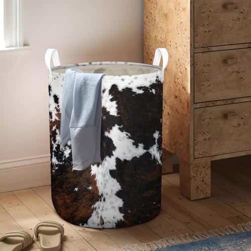 Highland Cow Laundry Basket with Lining Cowskin Printed Boys Girls Laundry Hamper for Clothes Storage Toys Bin Brown and White Cow Home Decor (Bull, 43L)