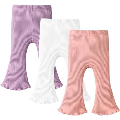 DREAM BUS 3 Pack Baby Girl Pants Toddler Leggings Baby Flare Pants Baby Solid Ribbed Pants Toddler Bell Bottoms Baby Pants