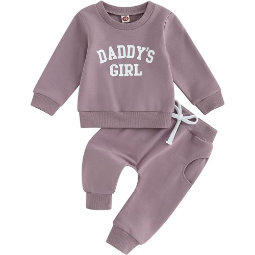 Baby Girl Clothes Daddy Mama Saying Outfits Long Sleeve Fall Winter Infant Toddler Sweatshirt Top Pants Set - 0-6 Months - Purple