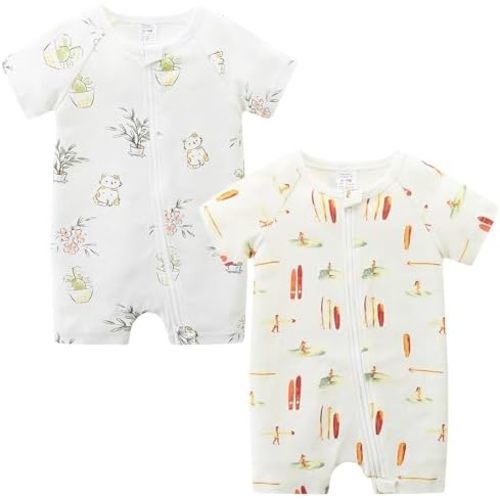 Unisex Summer Trendy 2-Pack Rompers Short Sleeve Zipped Bodysuit Infant Cotton Outfits