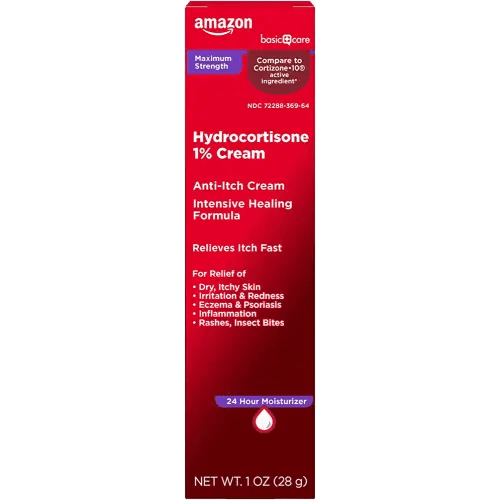 Amazon Basic Care Maximum Strength Anti-Itch Cream, Hydrocortisone 1 Percent Intensive Healing Formula, Itch Relief For Bug Bites, Eczema, Psoriasis, Poison Ivy, Oak and Sumac, 1 ounce (Pack of 1)
