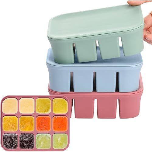 3 Pack Baby Food Freezer Tray with Lids 2.8 oz x 12 Cups Silicone Baby Food Storage Container Ice Cube Freezer Molds for Homemade Vegetable Fruit Purees Snack(12 Cups,Green, Blue, Red)
