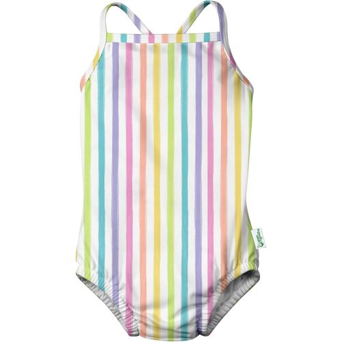 Green Sprouts Eco Swimsuit with Built-in Diaper | Baby Girls’ | Lightweight, Patented Design | Comfort + Protection | Standard 100 by Oeko-TEX Certified | Rainbow Stripe - 6 mo