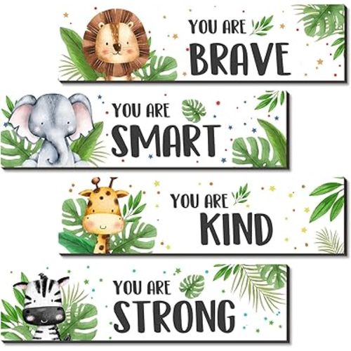 UBLURO 4 Pieces Jungle Animals Wall Art Decors - Motivational Wall Art,Jungle Animals Wooden Hanging Wall Prints Plaques,Nursery and playroom Decor