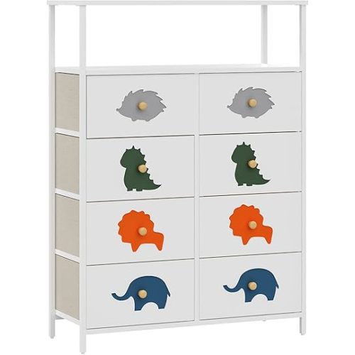 FRAPOW 8 Drawers Kid Dresser with Shelves, Tall Nursery Chest Organizer Units Large Storage Fabric Dresser with Wooden Top, Open Shelf, Sturdy Metal Frame for Bedroom Hallway Living Room