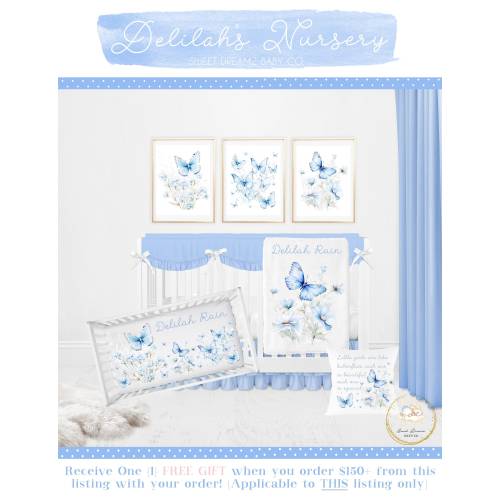 Baby Girl Crib Bedding Set, Butterfly Baby Bedding Girl, Butterfly Nursery Bedding Set, Blue Crib Bedding, Floral Baby Bedding Crib Set Girl