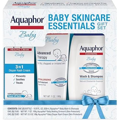 Aquaphor Baby Skincare Essentials Gift Set with Aquaphor Baby Wash and Shampoo, Aquaphor Baby Healing Ointment, and Aquaphor Diaper Rash Cream, 3 Pieces
