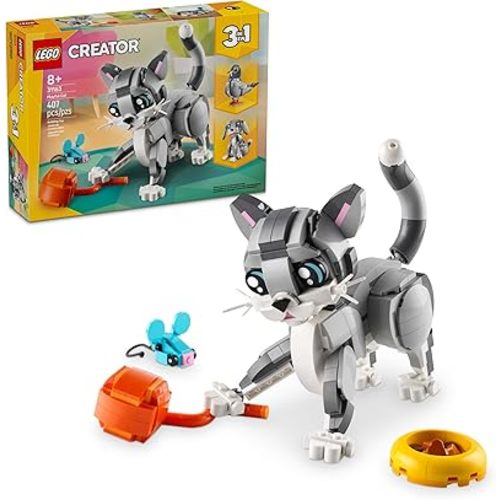 LEGO Creator 3 in 1 Playful Cat Toy - Building Toy with 3 Building Options, Cat, Dog, or Pigeon - Birthday Gift for Kids - Animal Figures for Kids, Girls and Boys, Ages 8+ - 31163