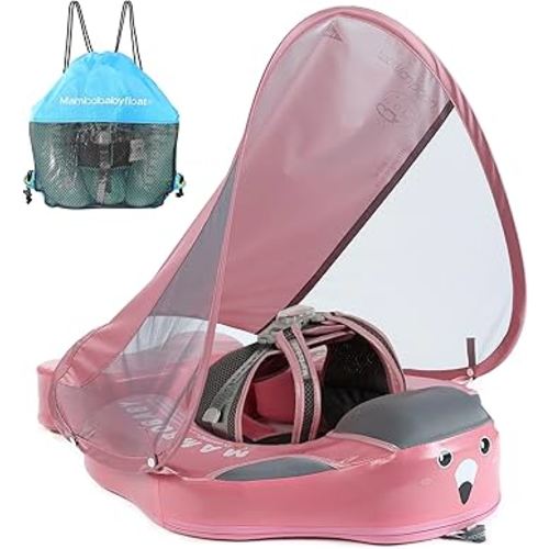 Mambobaby Float Add Tail Baby Swim Float with Canopy, Non-Inflatable Solid Baby Float, Upgrade Soft Waterproof Skin-Friendly Leather Material Infant Swim Float (Deluxe Edition Pink)