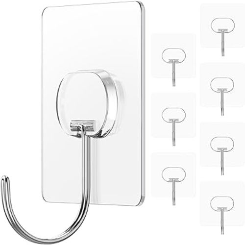 JINSHUNFA Adhesive Wall Hooks 13LB Heavy Duty No Drill Large Transparent Waterproof Hooks for Bathroom Kitchen Towel Coat 8 Pack