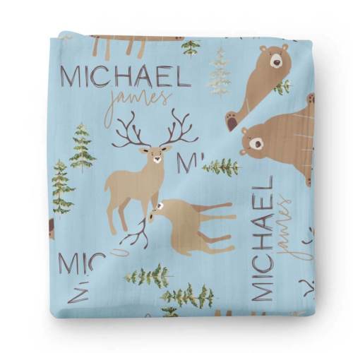 Forest Friends Personalized Baby Name Swaddle Blanket