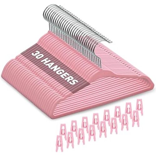Velvet Baby Hangers with Clips (30 Pack) | 11” Ultra-Slim Baby Clothes Hangers | Non-Slip Felt | Space-Saving Nursery & Infant Closet Organizer | Pink