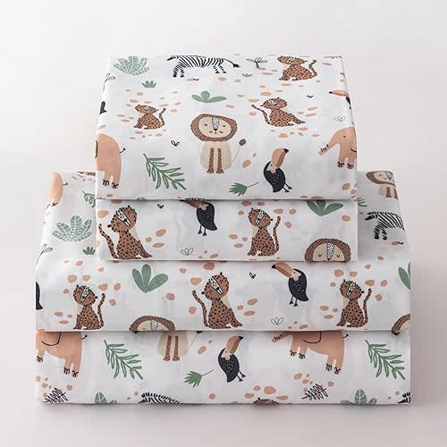 Twin Sheet Set Kids Deep Pocket Twin Sheets Soft Cute Bed Sheets 3 Pieces Twin Bed Sheets Kids Boys Girls Animal Pattern Printed Set with 1 Flat Sheet, 1 Fitted Sheet, 1 Pillowcase