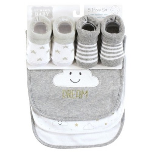 Hudson Baby Unisex Baby Cotton Bib and Sock Set, Gray Cloud, One Size