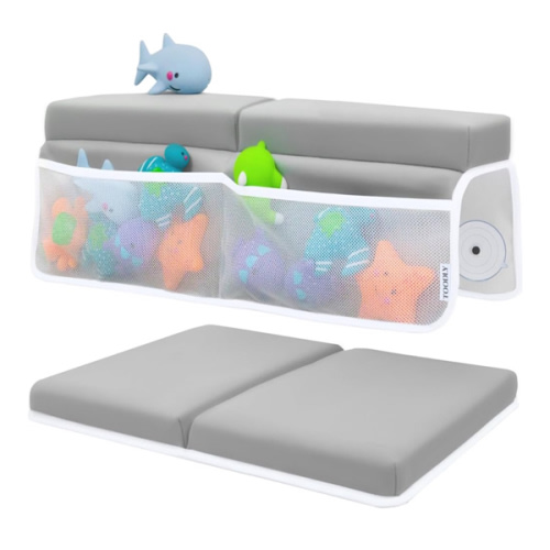 Baby Bath Kneeler and Elbow Rest Pad Set - Baby Bath Support for Knees and Elbows - Bath Kneeler Pad with Memory Foam and Bath Toys Organizer - Ideal Bath Kneeling Pad for Bathing Baby - Grey