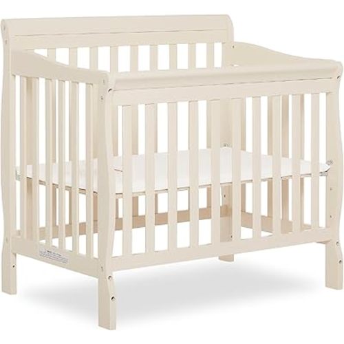 Dream On Me Aden 4-in-1 Convertible Mini Crib In French White, Greenguard Gold Certified, Non-Toxic Finish, New Zealand Pinewood, With 3 Mattress Height Settings