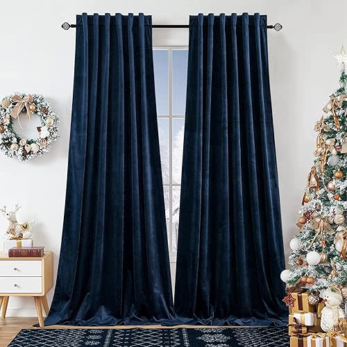 Dchola Navy Blue Velvet Curtains for Bedroom Window with Back Tab, Super Soft Vintage Luxury Heavy Drapes, Room Darkening Thermal Insulated Curtain for Living Room, W52 by L90 inches, 2 Panels