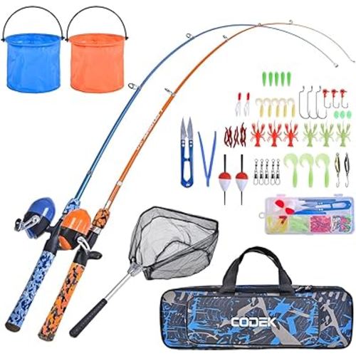 CODEK Kids Fishing Pole Set with Full Starter Kits 2 Set Portable Telescopic Fishing Rod and Spincast Reel Cambos with a Fishing Net and 2 Buckets for Boys Girls and Youth