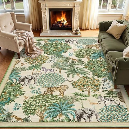 GarveeHome Jungle Animal Print Rug 5x7 Washable Area Rugs for Living Room, Forest Rug Non Slip Low Pile Stain Resistance Large Throw Carpet for Bedroom Dining Room Kids Playroom Nursery, Beige