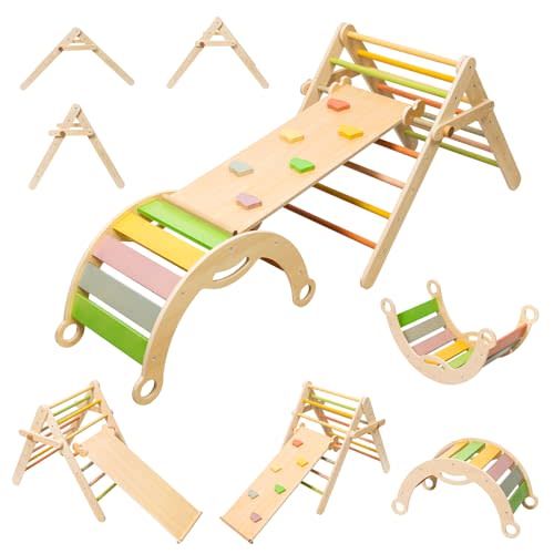 deli Pikler Triangle Set, Wooden Foldable Climbing Jungle Gym Play Equipment, Adjustable Height Indoor Rainbow Montessori Climbing Set Toys for Toddlers & Kids