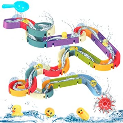 WELLVO 48 PCS Bath Toys for Kids 3 4 5 6 7 8 Years Water Bathtub Toy Slide with Suction Cups Duck Slide Toddler Bath Toys Fun Bath Time Toys DIY Take Apart Set Shower Birthday Gift for Boys and Girls