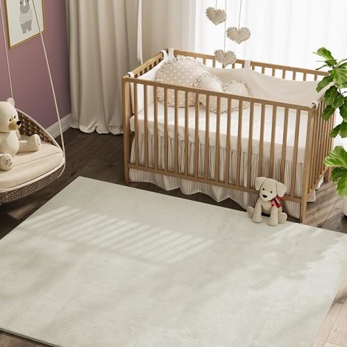 jinchan Solid Plush Area Rug 5x7 Performance Shaggy Washable Rug Indoor Soft Modern Faux Wool Cozy Non Slip Carpet for Living Room Kids Room Bedroom Dining Room Nursery Ivory