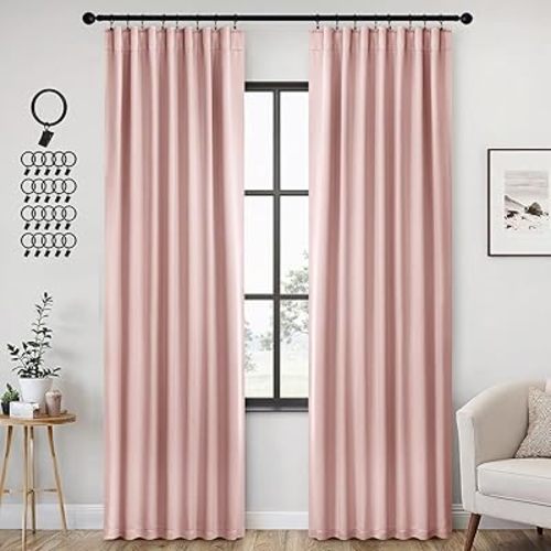 ANRODUO Back Tab Blackout Curtains for Bedroom Living Room, Rod Pocket Pinch Pleated Thermal Insulated Room Darkening Curtains 90 Inches Long 2 Panels, Light Pink, 42 x 90 Inch