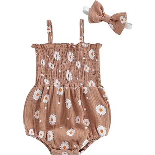 Newborn Baby Girls Summer Clothes Frill Cotton Linen Daisy Sling Romper Bodysuit with Headband