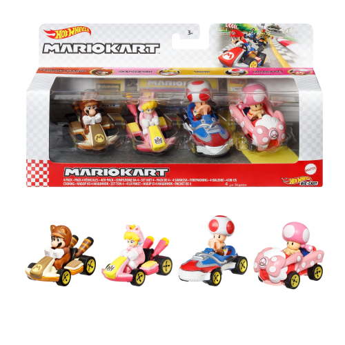 Hot Wheels Mario Kart Vehicles 4-Pack 1:64 Scale with 4 Fan-Favorite Characters, Collectible Gift