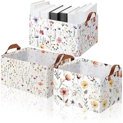 Boao 3 Pcs Wildflowers Storage Bin Wildflowers Collapsible Large Storage Baskets for Gifts Canvas Laundry Basket Foldable Storage Box with Handle for Office Home Bedroom Clothes