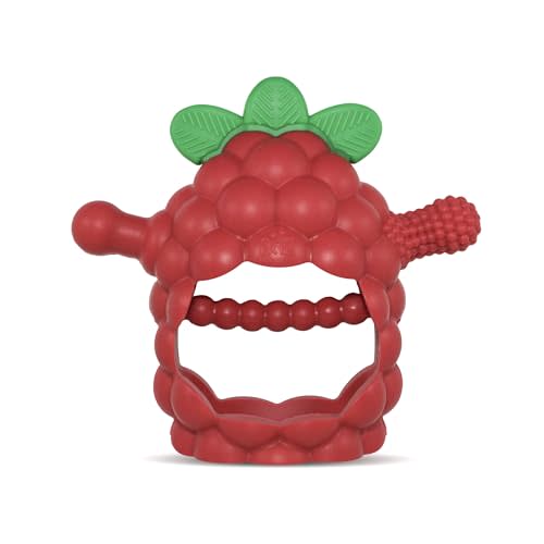 RaZbaby RaZberry Grip Silicone Teether Toy for 3M+ | Drop Resistant Hand Held Teether for Babies and Infants - Designed by Nature with Our Patented BerryBumps Multitextured Design | 3M+, Red