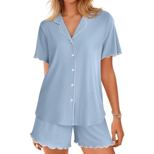 Ekouaer Button Up Pajamas Set for Women Short Sleeve Ribbed Knit Sleepwear 2 Piece Pjs Shorts Set