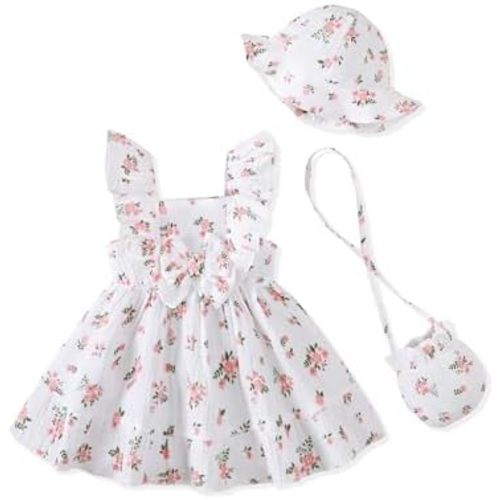 Renotemy Newborn Infant Baby Girl Dresses Summer Outfits Boho Casual Sundress Gifts Toddler Clothes for Girl with Hat and Bag